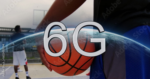 Player holding basketball in outdoor court with hoop, fence and 6G globe overlay, copy space