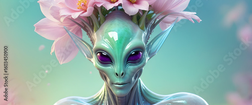 Alien illustration. An alien with smooth skin, large purple eyes, and a head decorated with colorful flowers. Unknown life forms outside Earth.
