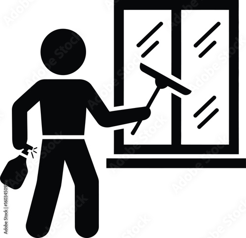 Stick figure cleaning a window with a squeegee and cloth