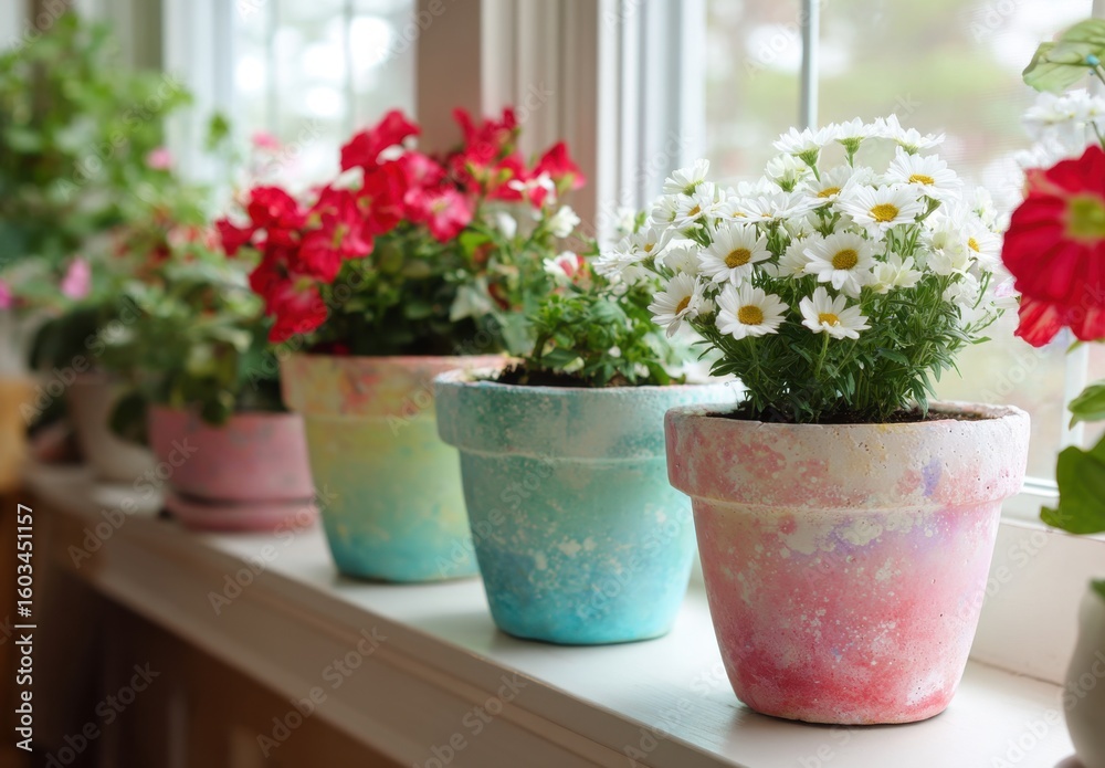Fototapeta premium A row of colorful flower pots sit on a windowsill, filled with vibrant blooms and lush greenery, bringing a touch of nature indoors.