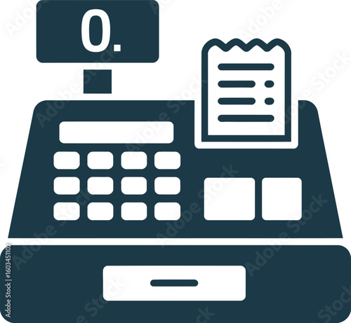 Retro cash register with receipt and display showing zero