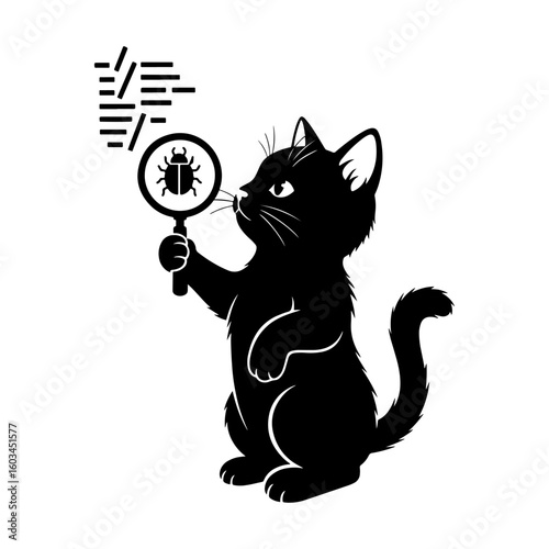 Cat Debugging Code with Magnifying Glass – Silhouette SVG