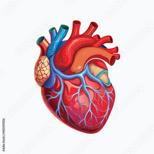 Anatomical illustration of a human heart with major blood vessels isolated on white background