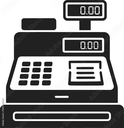 Black and white illustration of a vintage cash register with a display screen