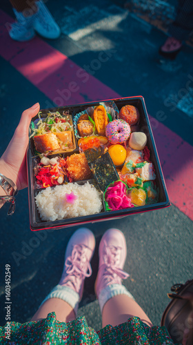 Overhead view of a bento box filled with various japanese foods held above pink sneakers on a street