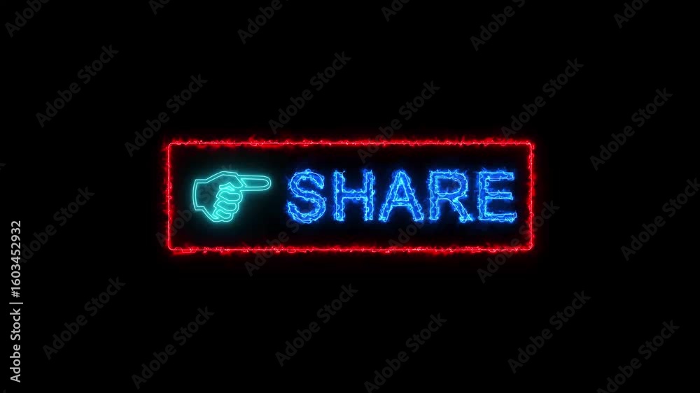 Abstract neon sign with the word share in rectangle from magenta red animation. Animated share button with bell icon, share text icon animation glowing neon .
