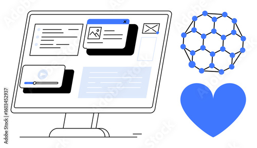 Monitor displaying multimedia content, email, and web layouts. Network molecule and heart shape reinforce connectivity, creativity, and user-focused design. Ideal for tech, innovation, web design