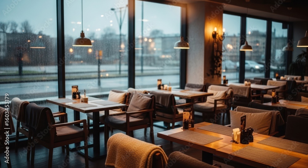 Fototapeta premium Atmospheric Restaurant Interior on a Rainy Day