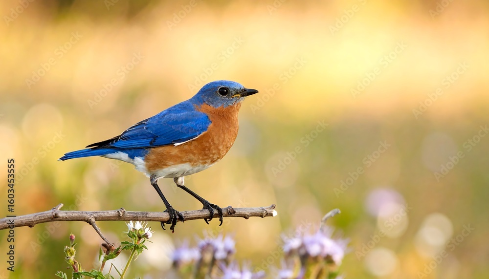 Fototapeta premium Bluebird perched on a branch, warm sunlight