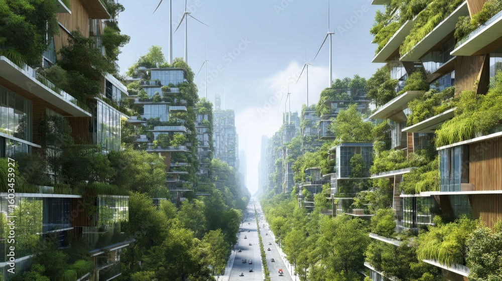 Obraz premium Modern futuristic cityscape with green eco-friendly buildings lush trees and clear sky wide street with vehicles and sustainable urban design