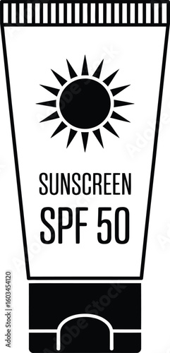 Black and white illustration of a sunscreen tube with spf 50