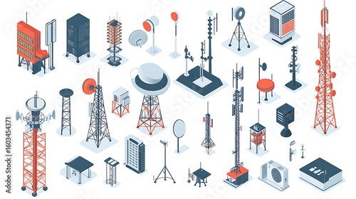 Flat isometric illustration of telecom masts and broadcasting towers in 3D vector, designed to represent radio communication and signal transmission
