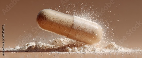 A single capsule bursts open releasing its powdery contents in a dynamic explosion against a neutral backdrop creating a visual representation of