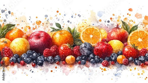 Vibrant watercolor painting of a variety of colorful fruits arranged beautifully on a white