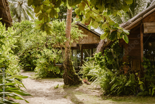 Building exterior of wooden holiday homes made with natural material surrounded by lush tropical greenery outdoor at daytime during a summer holiday in the Philippines in Asia.