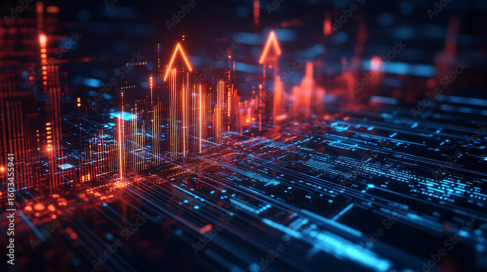 Obraz premium Illustration of upward business arrow with circuit board lines and financial graphs on dark blue background, symbolizing growth, success, and tech-driven investment