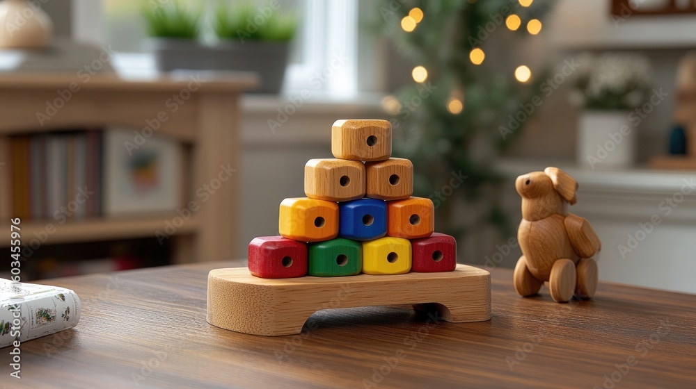 Obraz premium Wooden toys on a table with a blurred background creating a charming atmosphere, perfect gift idea