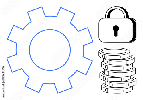 Gear represents technology, coins symbolize finance, and lock stands for security. Ideal for fintech, cybersecurity, innovation, investment, development, digital safety teamwork themes simple flat