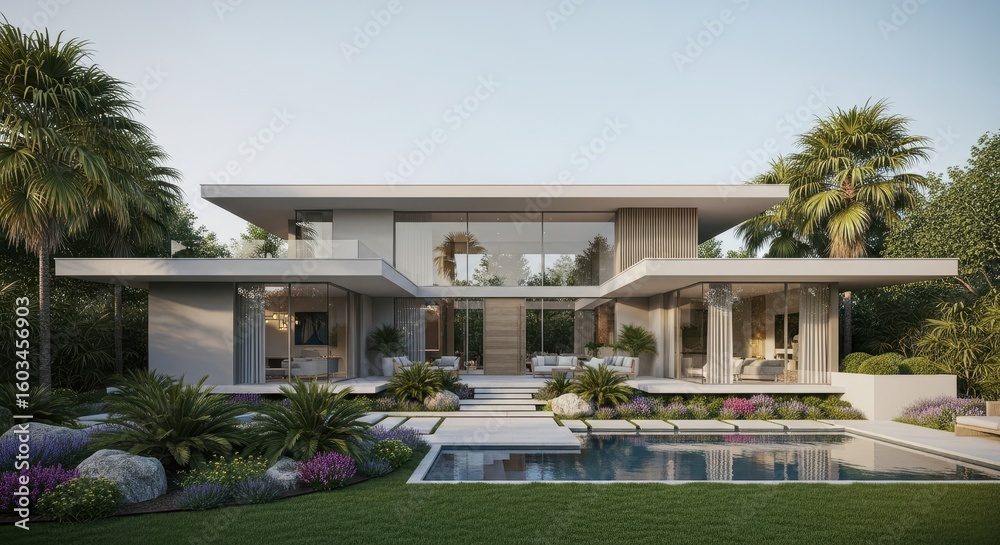 Fototapeta premium Modern Luxury Villa with Pool in Tropical Setting