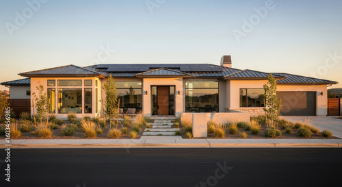 Modern House Exterior with Concrete Pathway in Evening Light