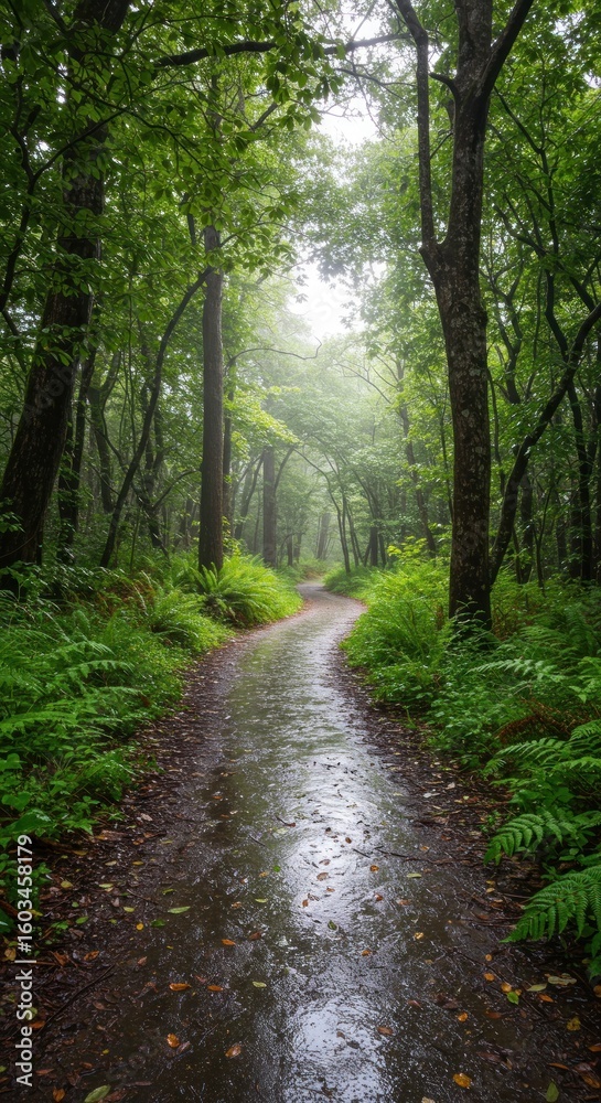 Fototapeta premium Misty forest path, rain