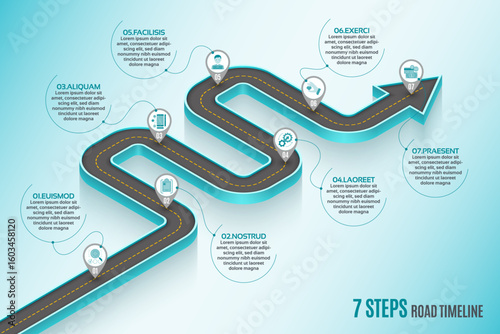 Isometric navigation map infographic 7 steps timeline concept. Winding road.
