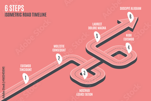 Isometric navigation map infographic 6 steps timeline concept.
