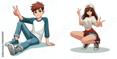 vector image of teenage men and women in peace pose