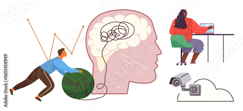 Person untangling yarn representing the mind, another at a computer, and a security camera. Ideal for themes thumbs up mental health, productivity, technology, creativity, focus, problem-solving