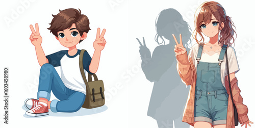 vector image of teenage men and women in peace pose