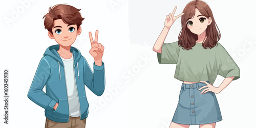 vector image of teenage men and women in peace pose