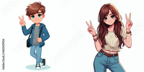 vector image of teenage men and women in peace pose
