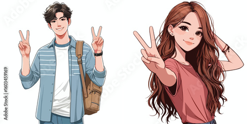 vector image of teenage men and women in peace pose