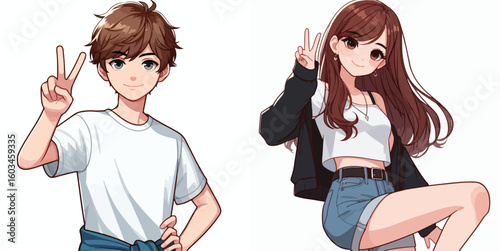 vector image of teenage men and women in peace pose
