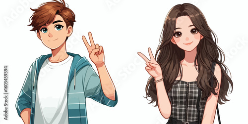 vector image of teenage men and women in peace pose