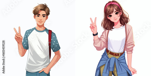 vector image of teenage men and women in peace pose