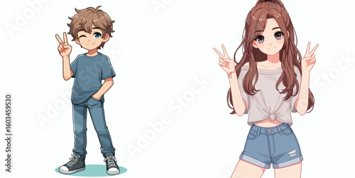 vector image of teenage men and women in peace pose