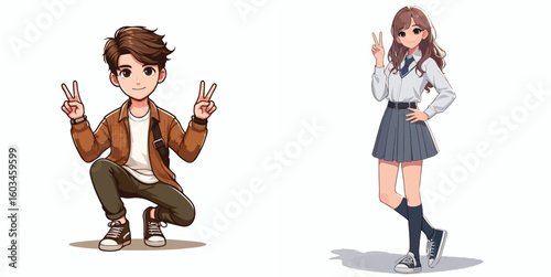 vector image of teenage men and women in peace pose