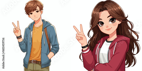 vector image of teenage men and women in peace pose