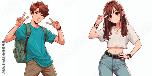vector image of teenage men and women in peace pose