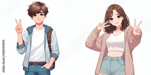 vector image of teenage men and women in peace pose