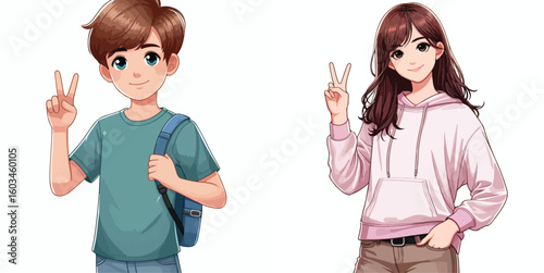 vector image of teenage men and women in peace pose