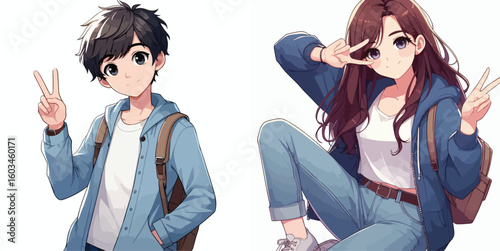 vector image of teenage men and women in peace pose