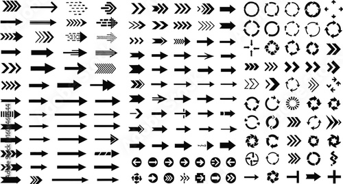 Vector art of a comprehensive set of black arrows and circular direction indicators on a white background