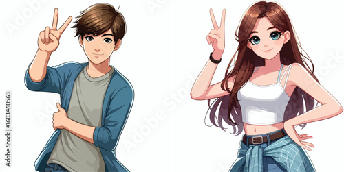 vector image of teenage men and women in peace pose