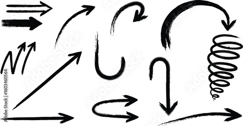 Vector art of handdrawn black arrows on a white background indicate direction and navigation with a brush stroke style
