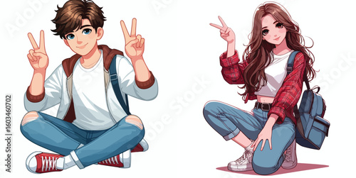 vector image of teenage men and women in peace pose
