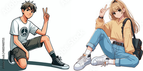 vector image of teenage men and women in peace pose