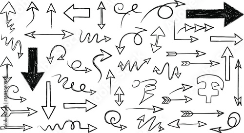 Vector art of a collection of handdrawn arrow vectors isolated on white background, featuring a variety of doodle and sketch styles, perfect for adding a playful and informal touch to designs