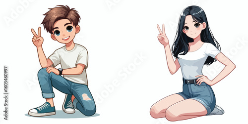 vector image of teenage men and women in peace pose